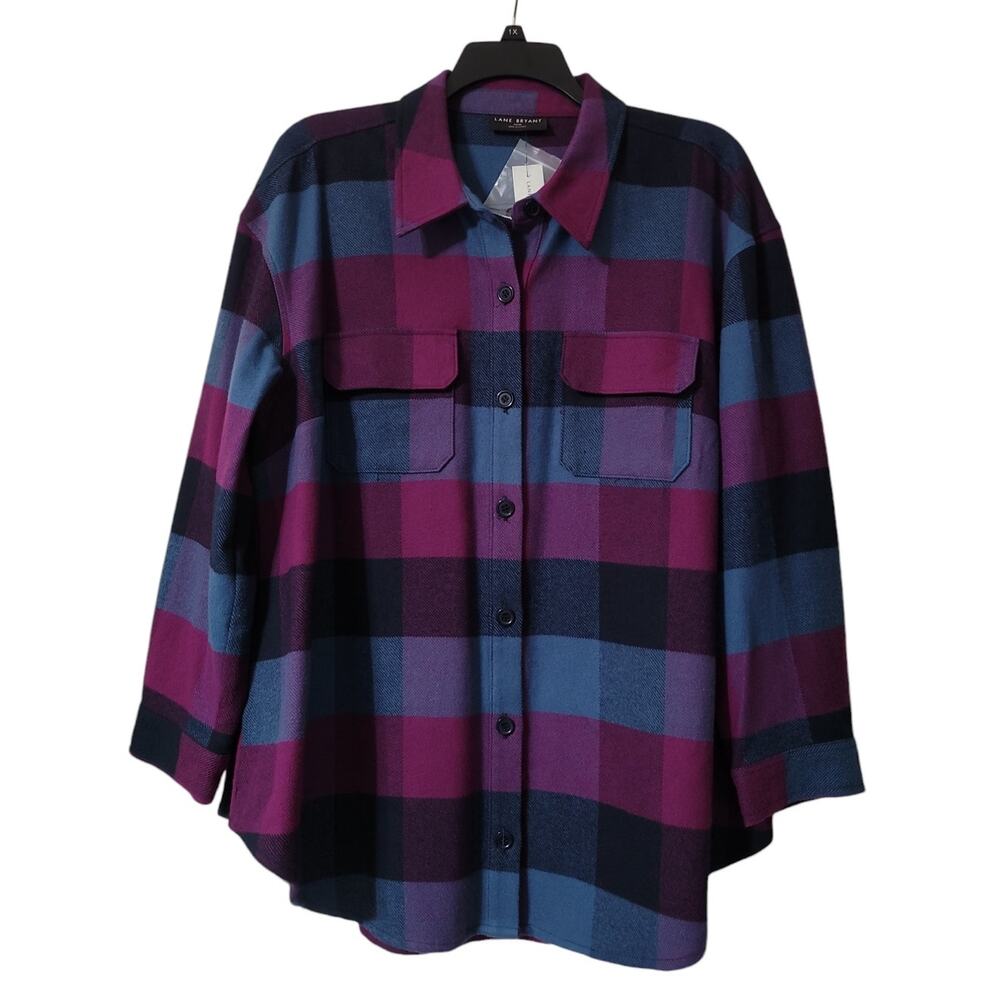 Lane Bryant Plaid Button Front Shacket Plus 18/20 Blue Magenta Flannel Jacket